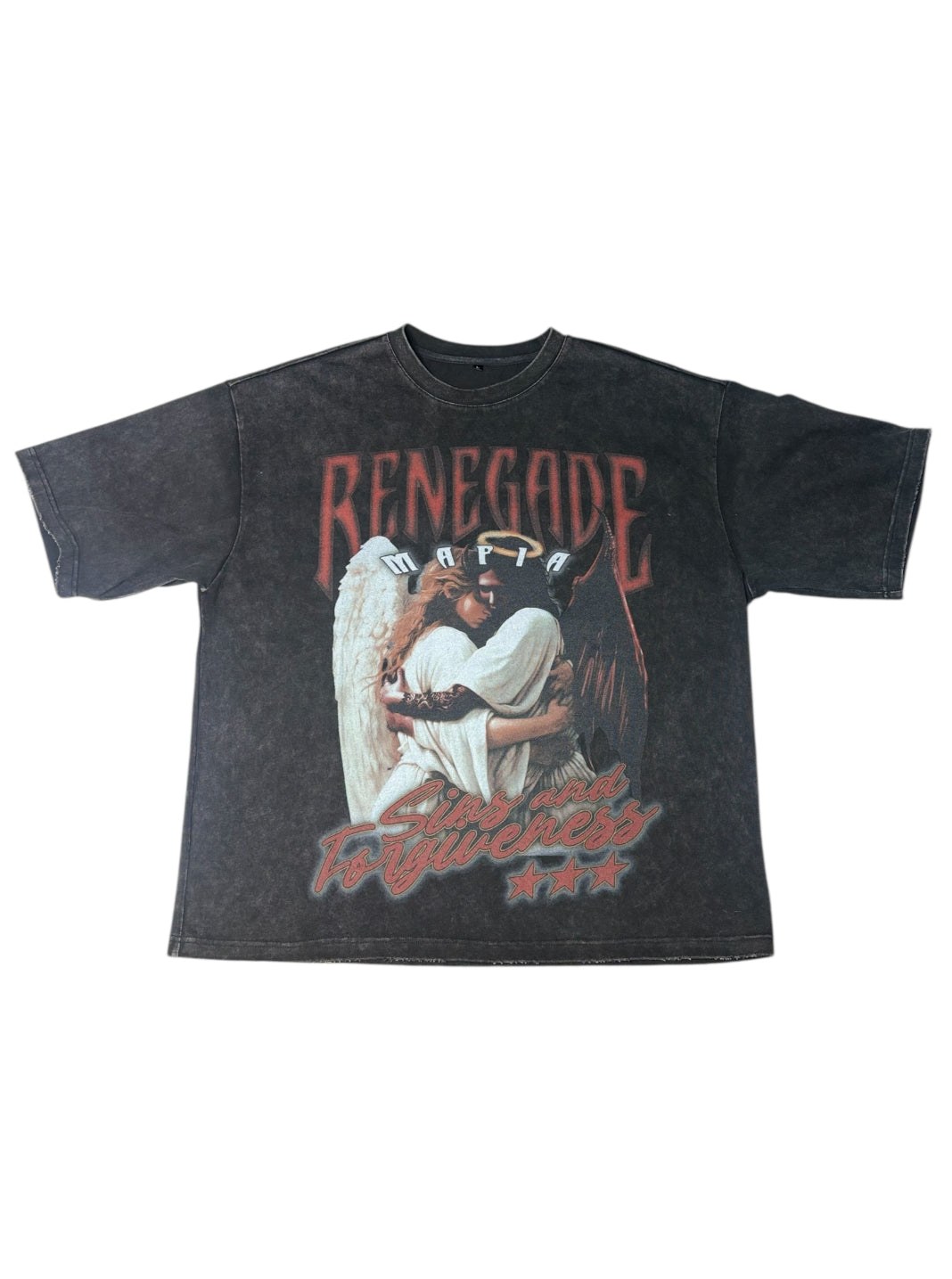 Renegade Mafia “Sins and Forgiveness” oversized vintage black t-shirt with angel and devil graphic hugging, acid-washed finish