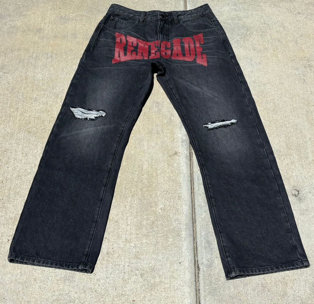 Front jeans flat lay:
“Black denim jeans with bold red ‘RENEGADE’ print across the front and distressed thighs by Renegade Mafia”