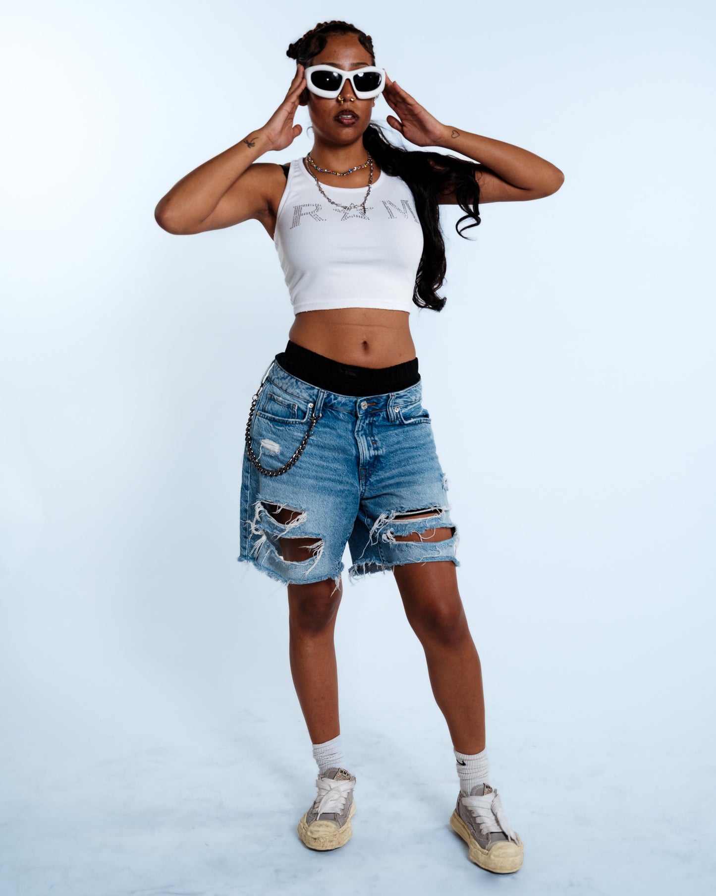Renegade Mafia™ Women’s Rhinestone Crop Top – White Ribbed Tank