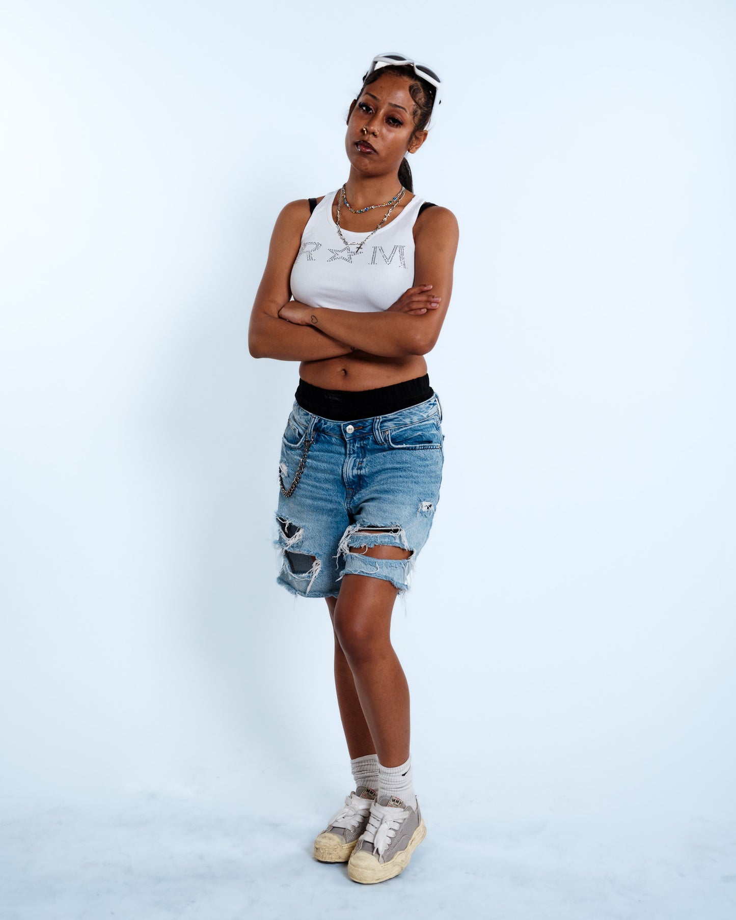 Renegade Mafia™ Women’s Rhinestone Crop Top – White Ribbed Tank