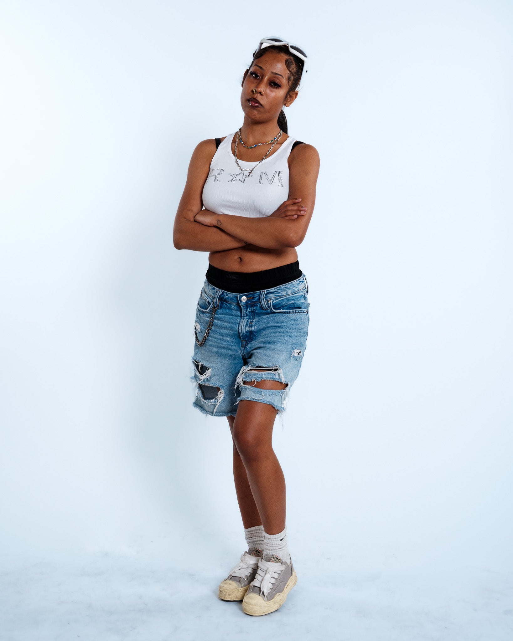 Renegade Mafia™ Women’s Rhinestone Crop Top – White Ribbed Tank