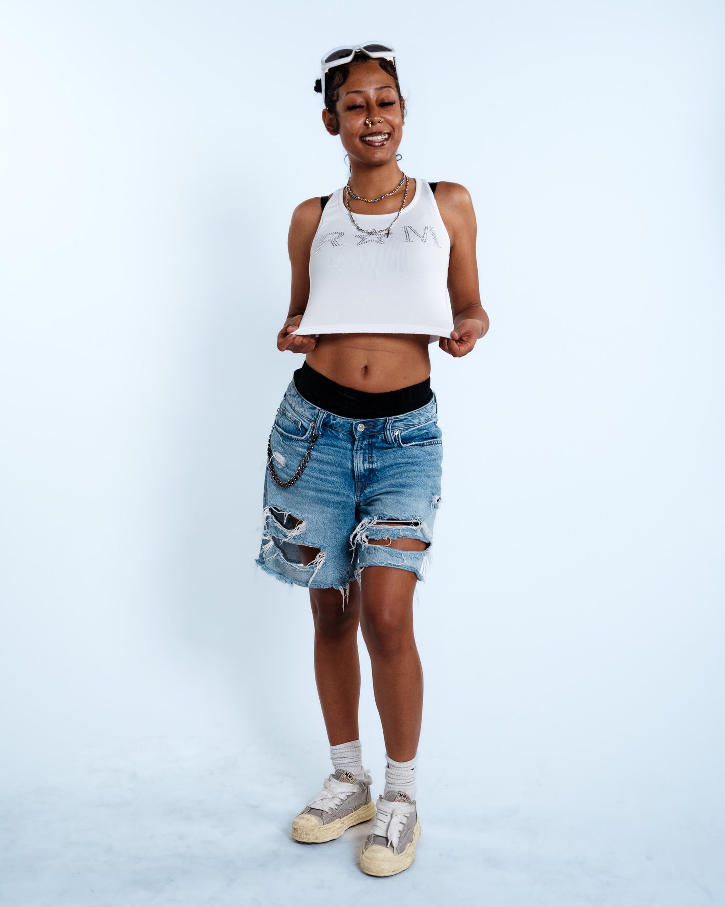 Renegade Mafia™ Women’s Rhinestone Crop Top – White Ribbed Tank
