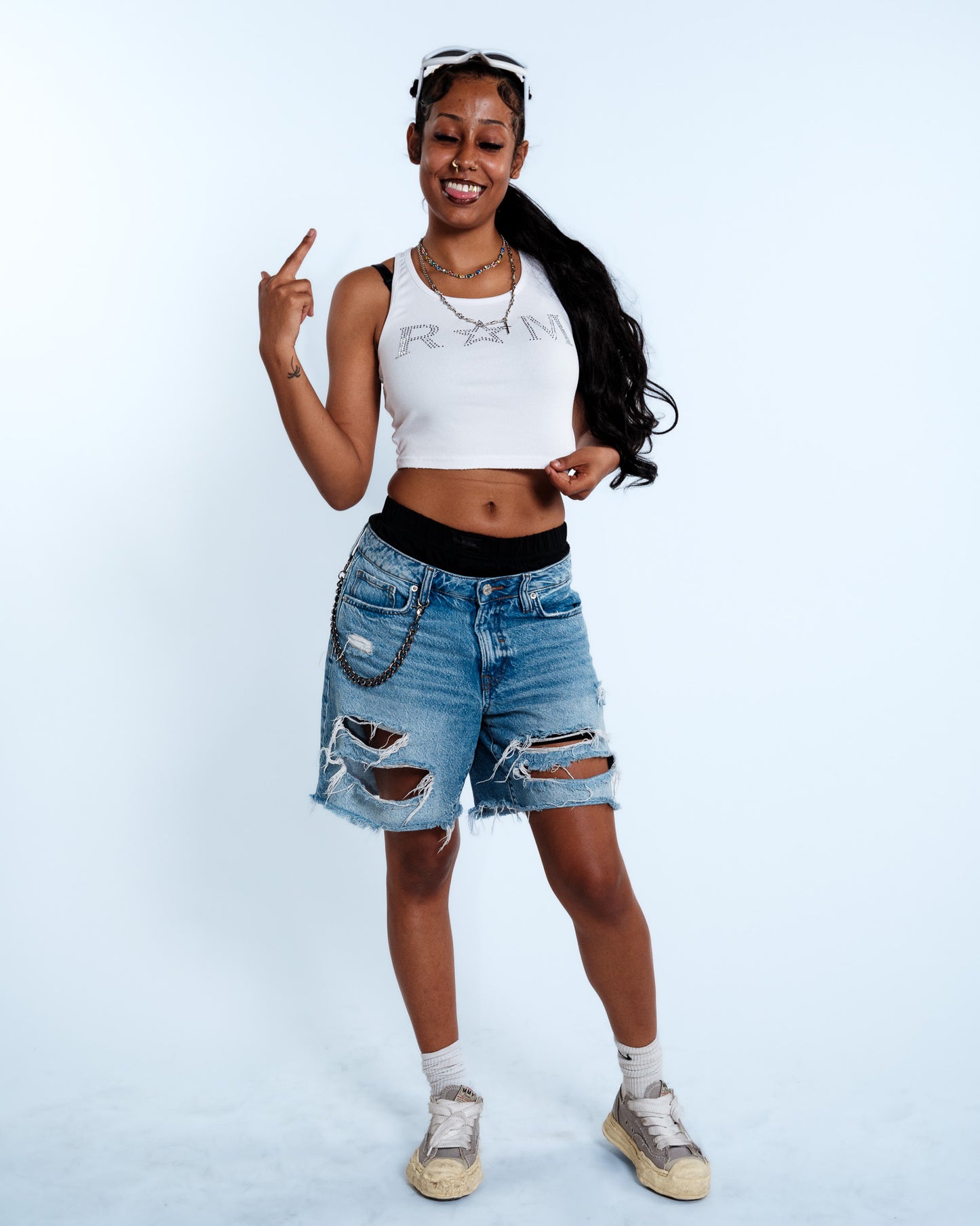 Renegade Mafia™ Women’s Rhinestone Crop Top – White Ribbed Tank