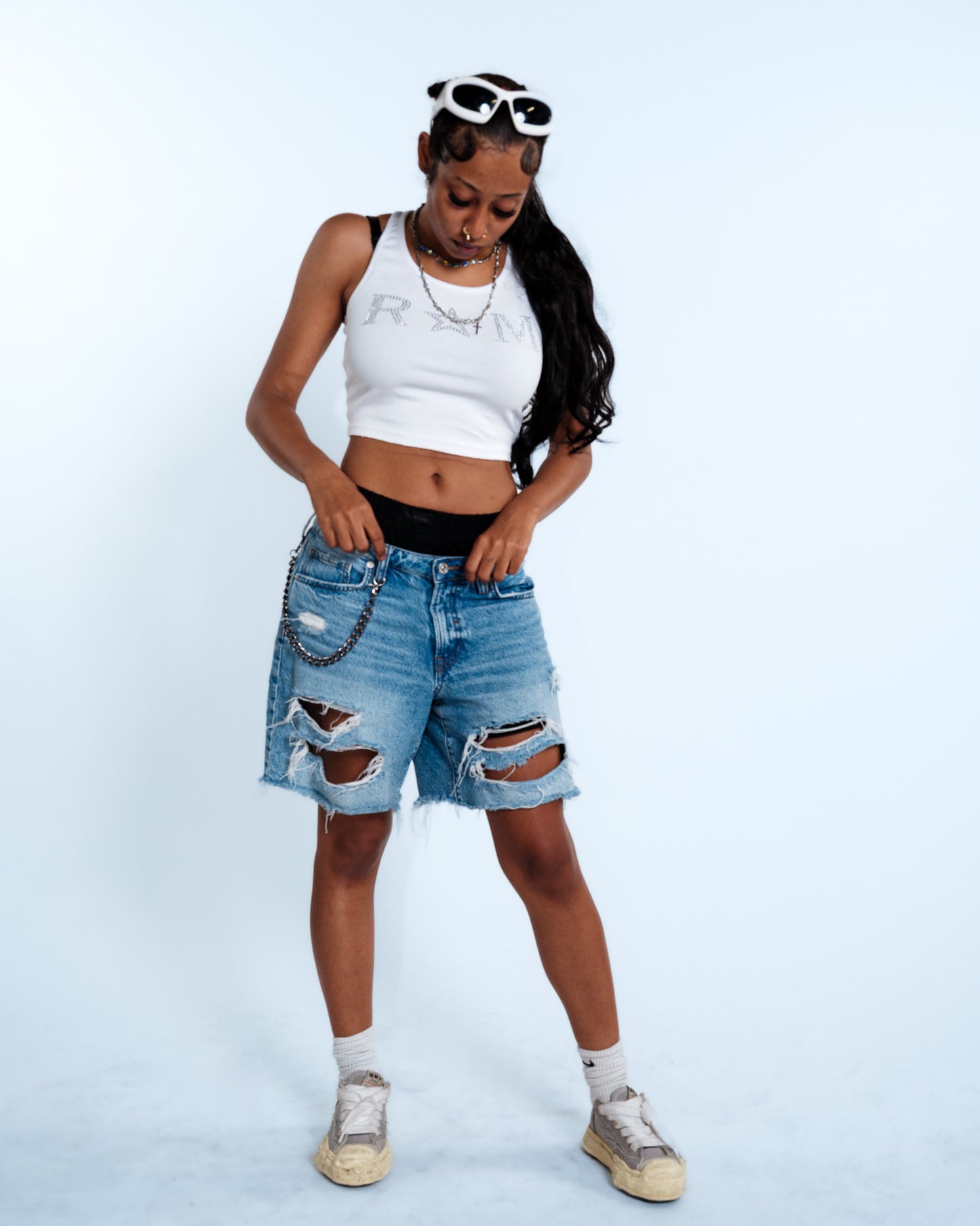 Renegade Mafia™ Women’s Rhinestone Crop Top – White Ribbed Tank