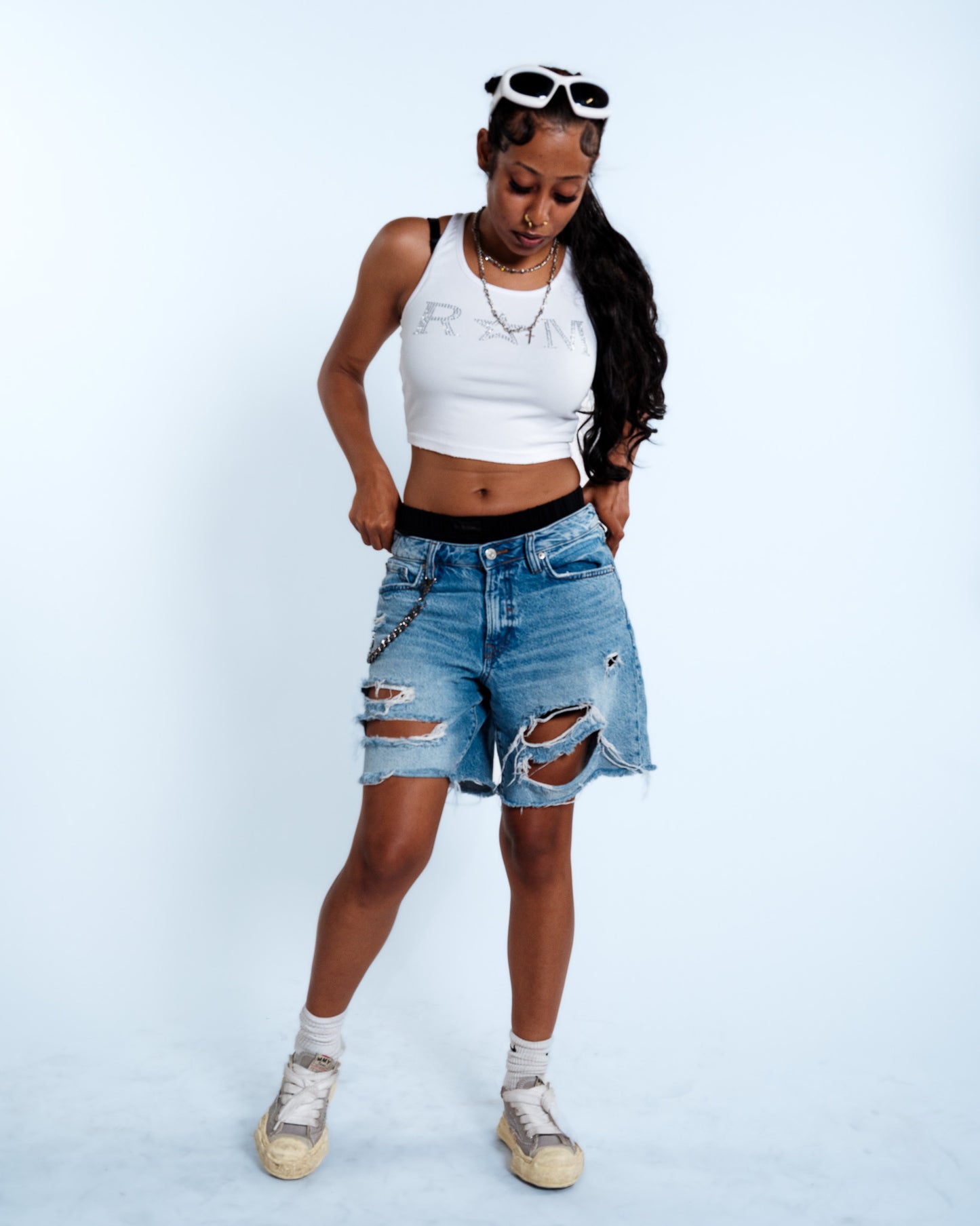 Renegade Mafia™ Women’s Rhinestone Crop Top – White Ribbed Tank