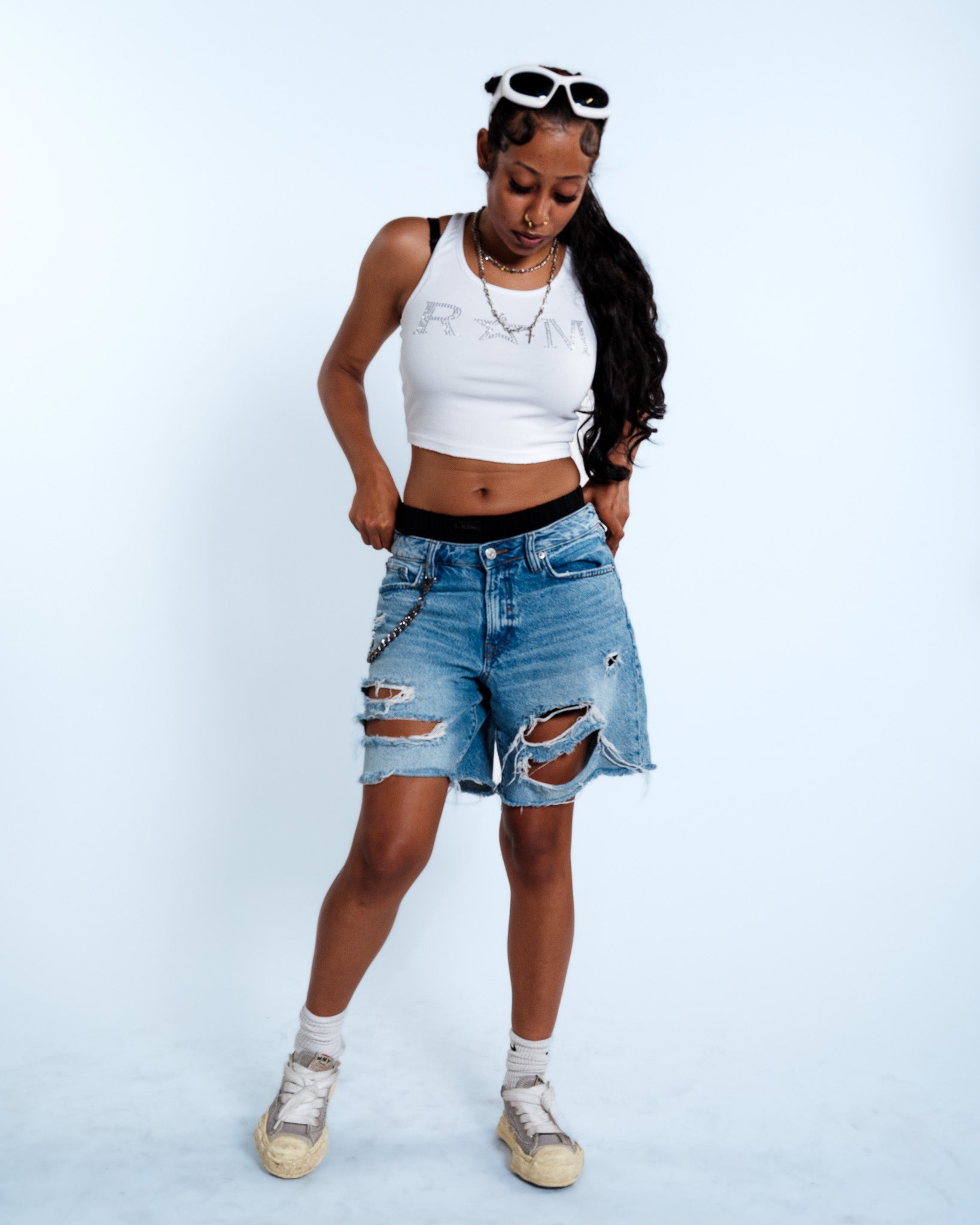 Renegade Mafia™ Women’s Rhinestone Crop Top – White Ribbed Tank
