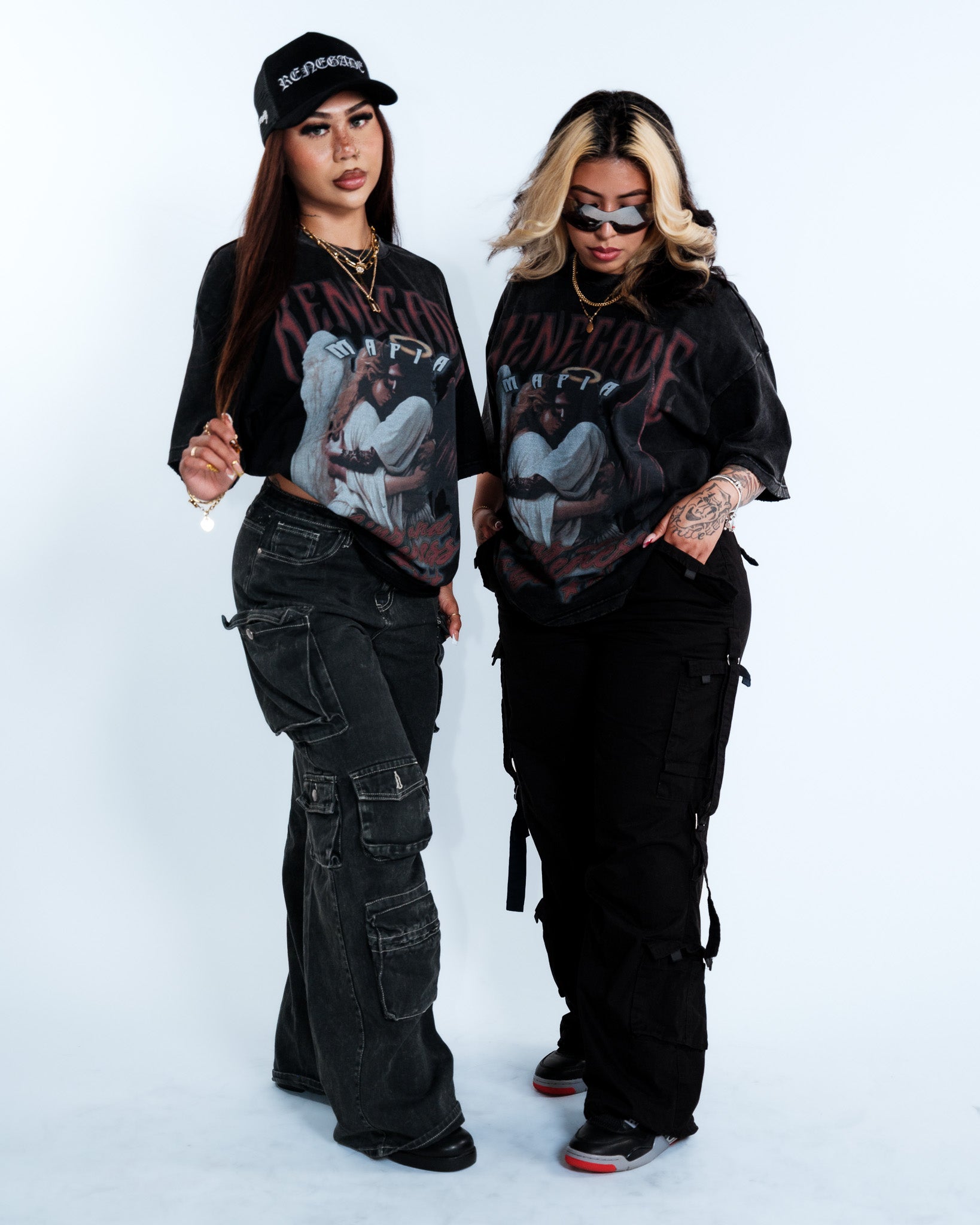 Renegade Mafia “Sins and Forgiveness” Angel & Devil Vintage Oversized T-Shirt – Acid Washed Streetwear Graphic Tee for Women