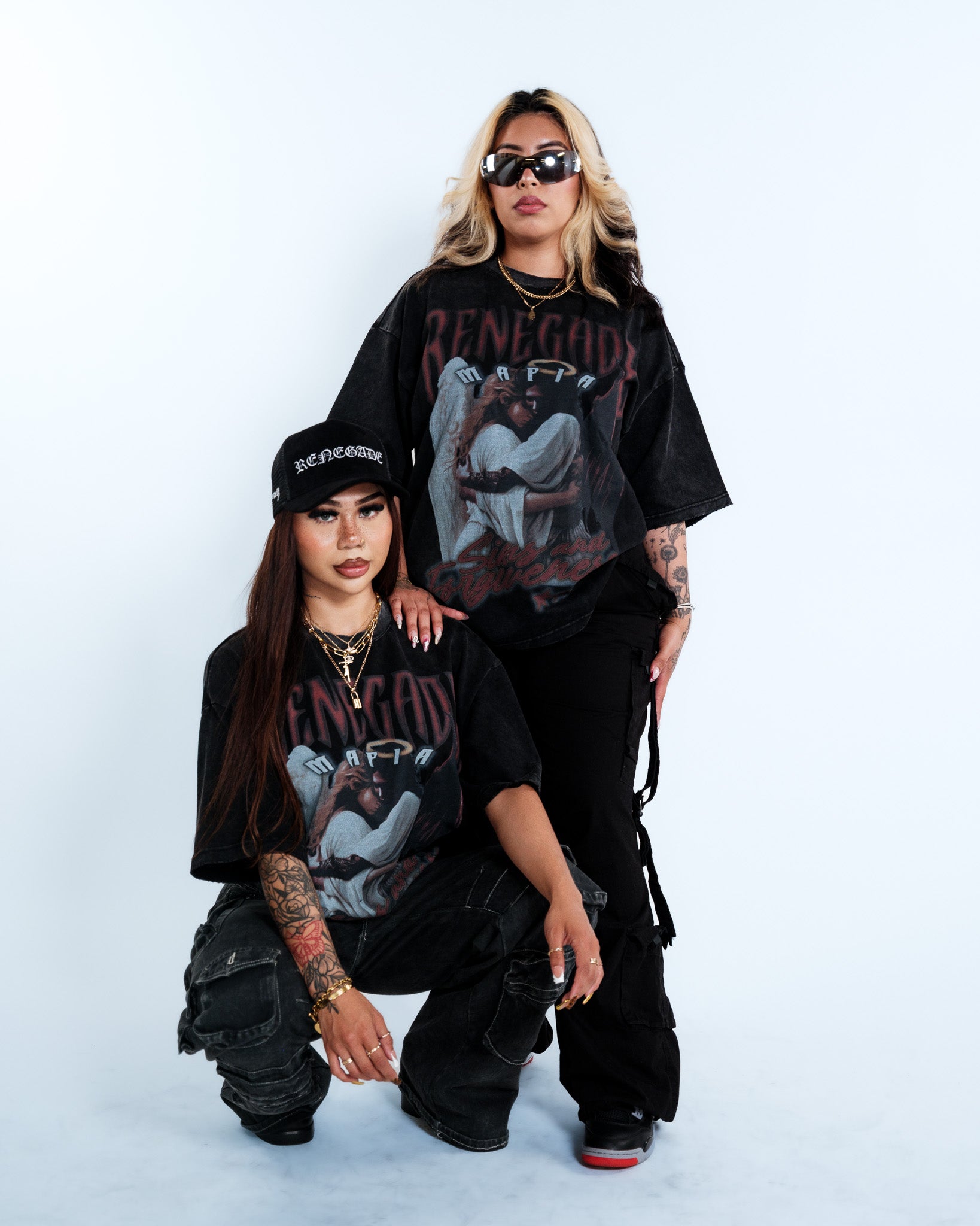 Renegade Mafia “Sins and Forgiveness” Angel & Devil Vintage Oversized T-Shirt – Acid Washed Streetwear Graphic Tee for Women