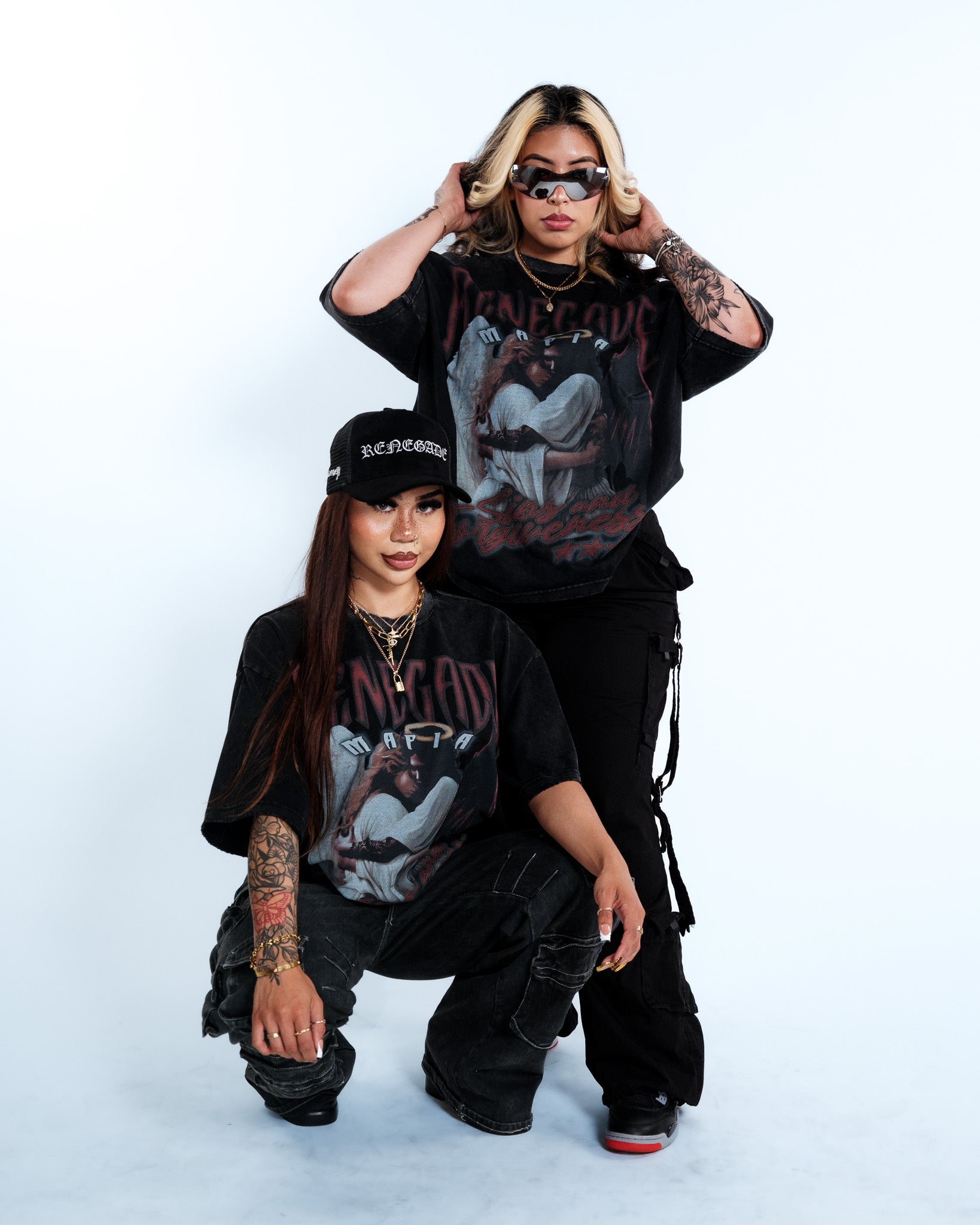 Renegade Mafia “Sins and Forgiveness” Angel & Devil Vintage Oversized T-Shirt – Acid Washed Streetwear Graphic Tee for Women