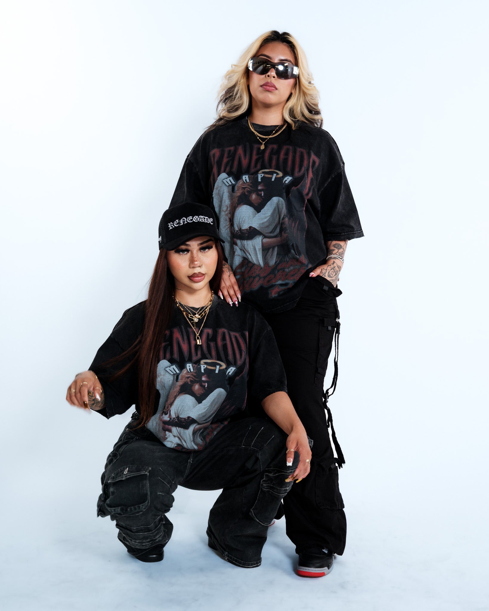 Renegade Mafia “Sins and Forgiveness” Angel & Devil Vintage Oversized T-Shirt – Acid Washed Streetwear Graphic Tee for Women