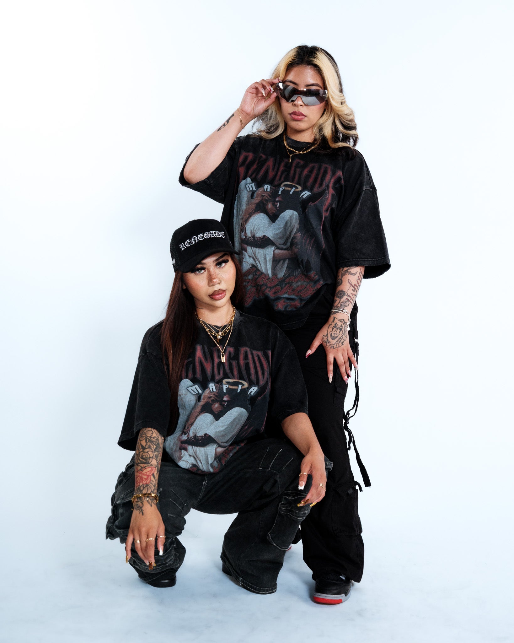 Renegade Mafia “Sins and Forgiveness” Angel & Devil Vintage Oversized T-Shirt – Acid Washed Streetwear Graphic Tee for Women