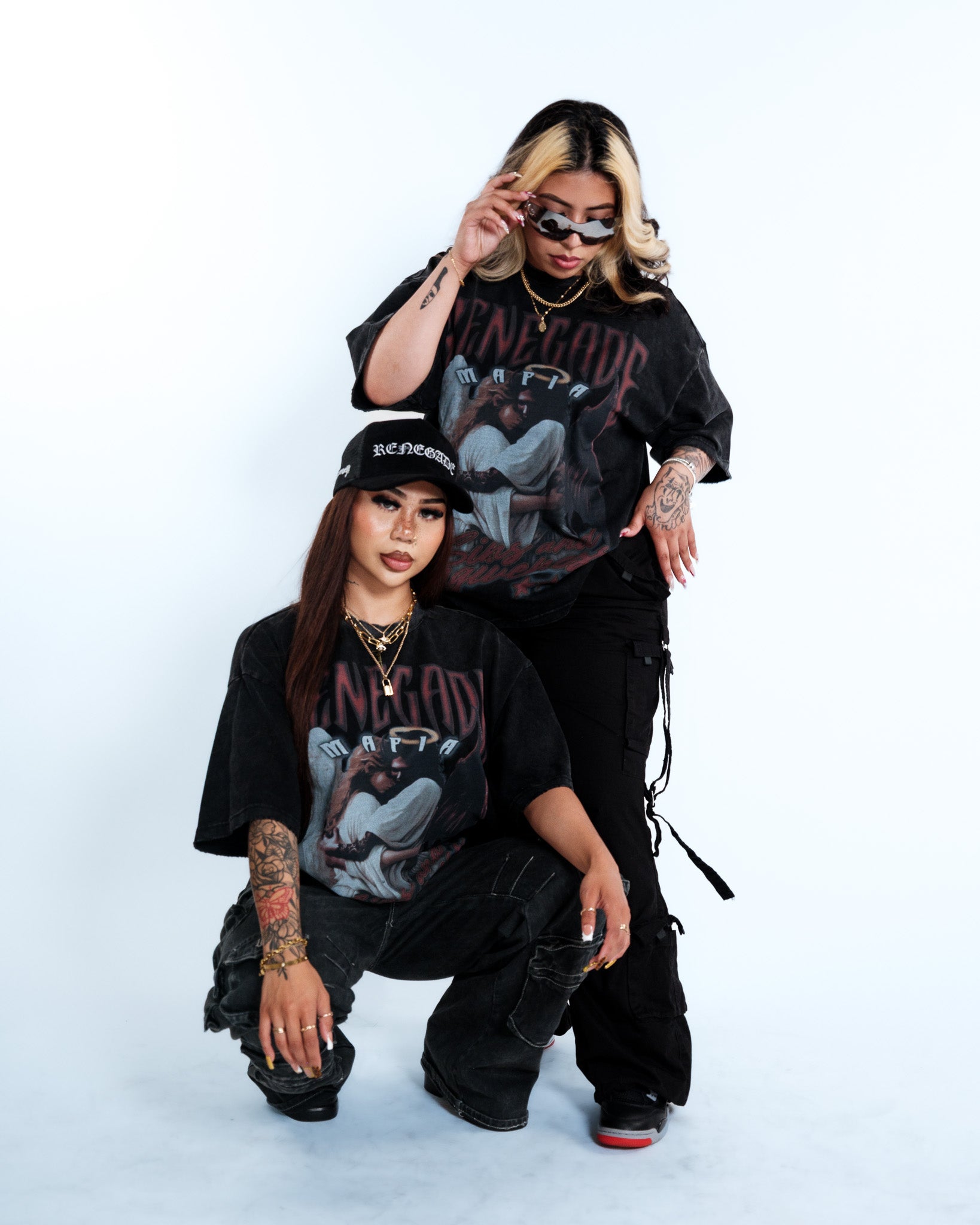 Renegade Mafia “Sins and Forgiveness” Angel & Devil Vintage Oversized T-Shirt – Acid Washed Streetwear Graphic Tee for Women
