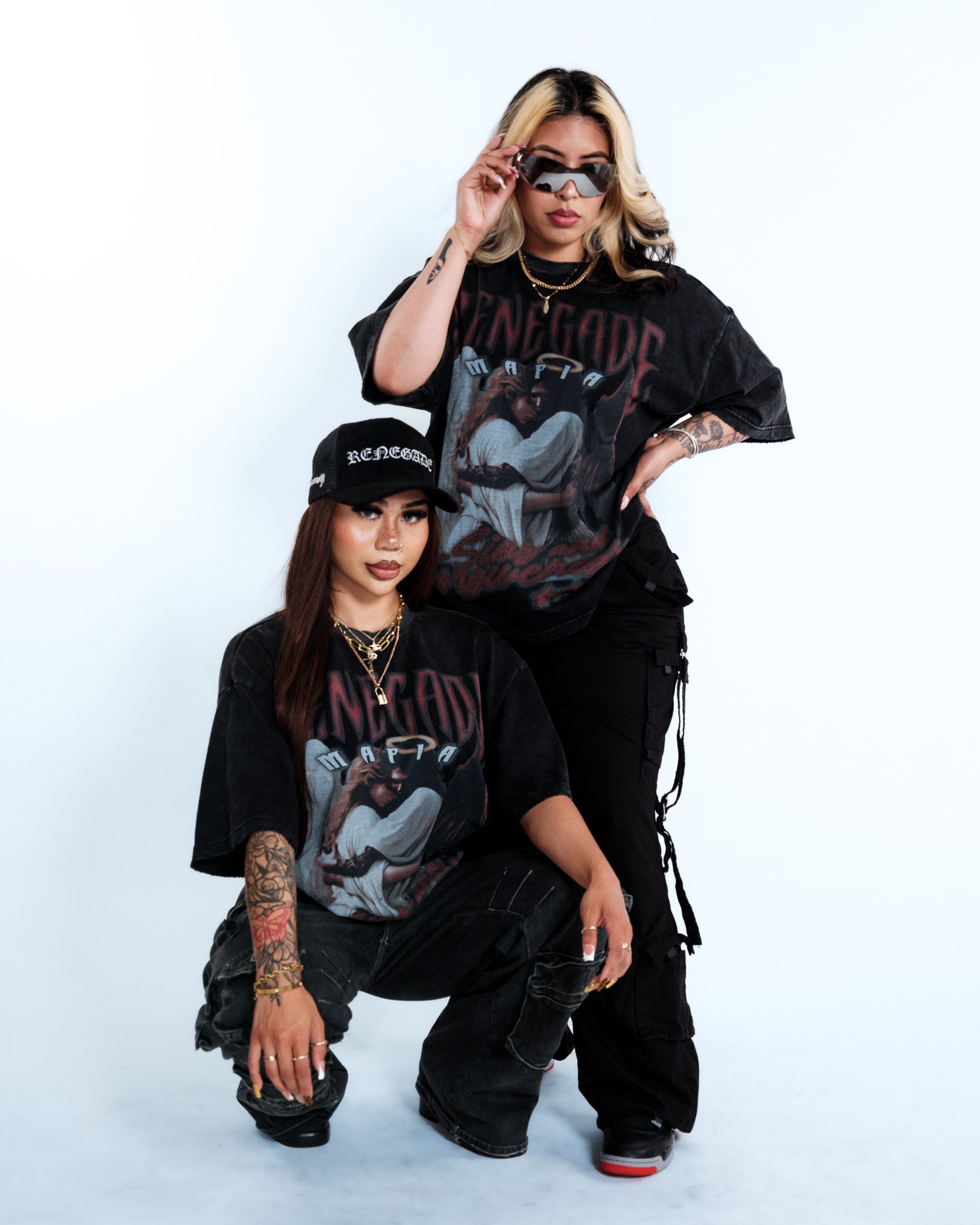 Renegade Mafia “Sins and Forgiveness” Angel & Devil Vintage Oversized T-Shirt – Acid Washed Streetwear Graphic Tee for Women