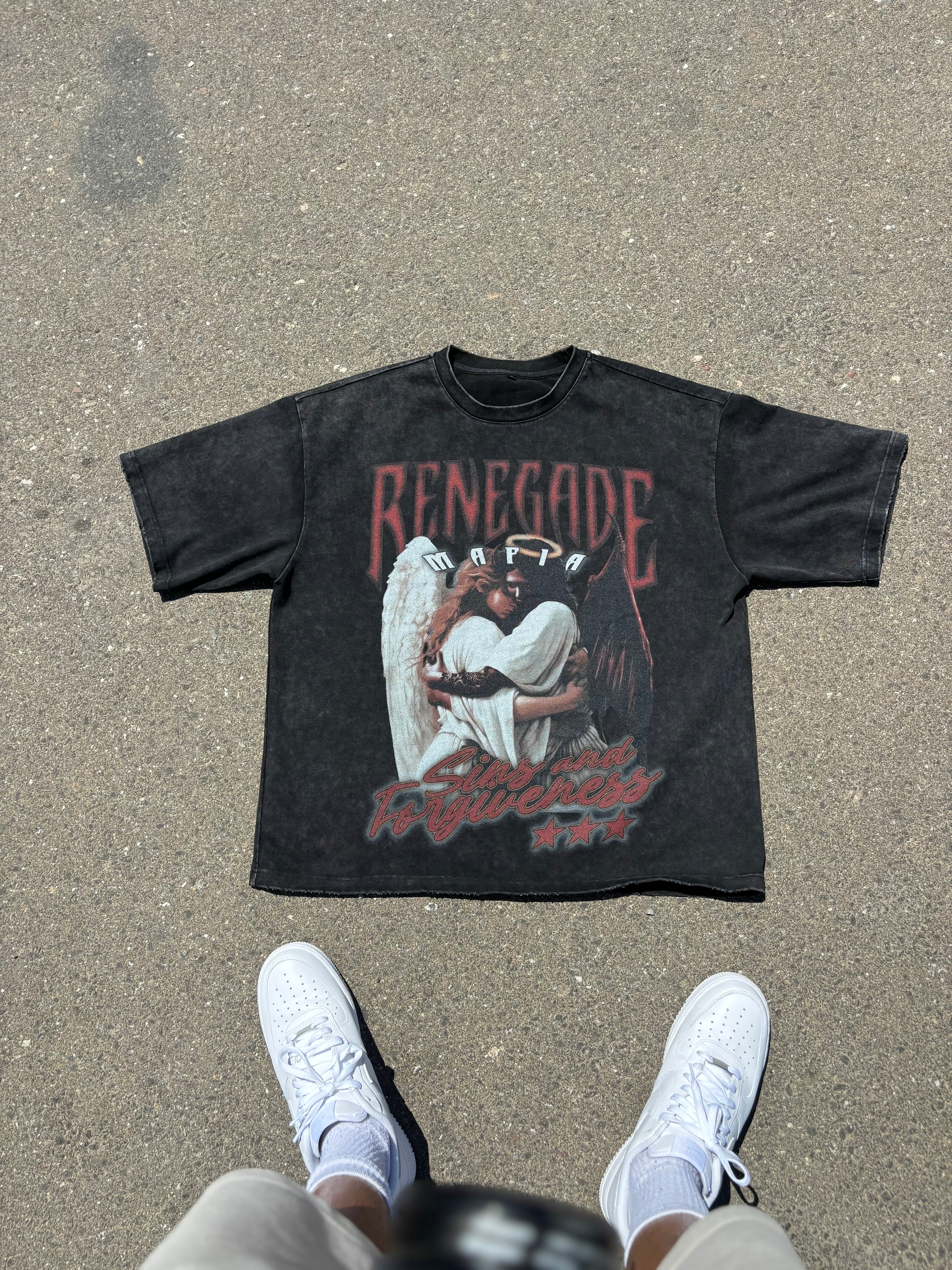 Renegade Mafia “Sins and Forgiveness” oversized vintage black t-shirt with angel and devil graphic hugging, acid-washed finish
